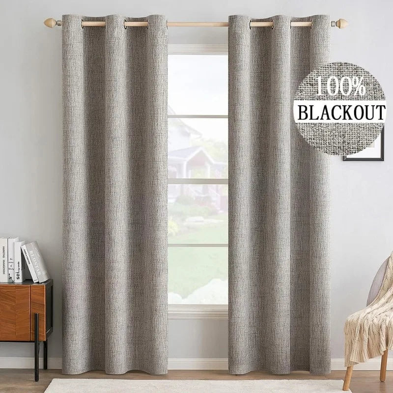 Blackout Linen Textured Curtains for Bedroom Solid Thermal Insulated G