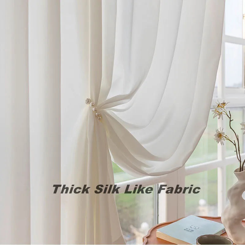 Velcro Thick Dense Soft Tulle Silk Like Cream White Sheer Curtains in USA