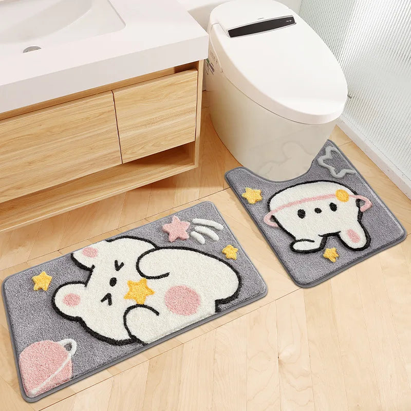 Cute Cartoon Rabbit Bath Mat Set High Quality Flocking