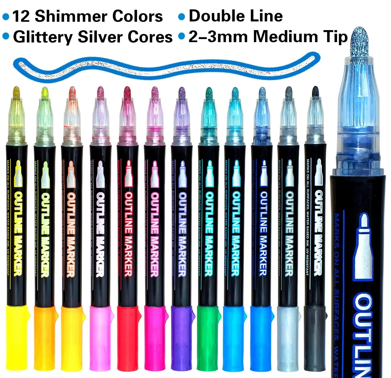 12Colors Metallic Double Line Glitter Pen Doodle Dazzles Shimmer Marke