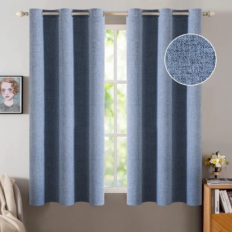 Blackout Linen Textured Curtains for Bedroom Solid Thermal Insulated G