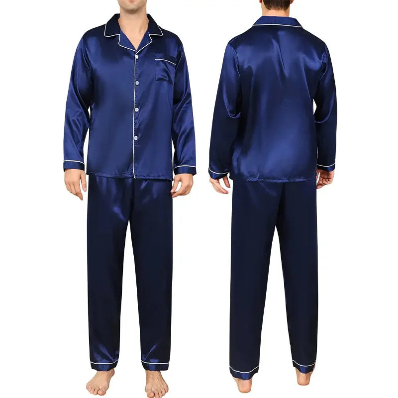 Large Size Solid Long-Sleeved Pyjamas Men Autumn Winter Silk in USA