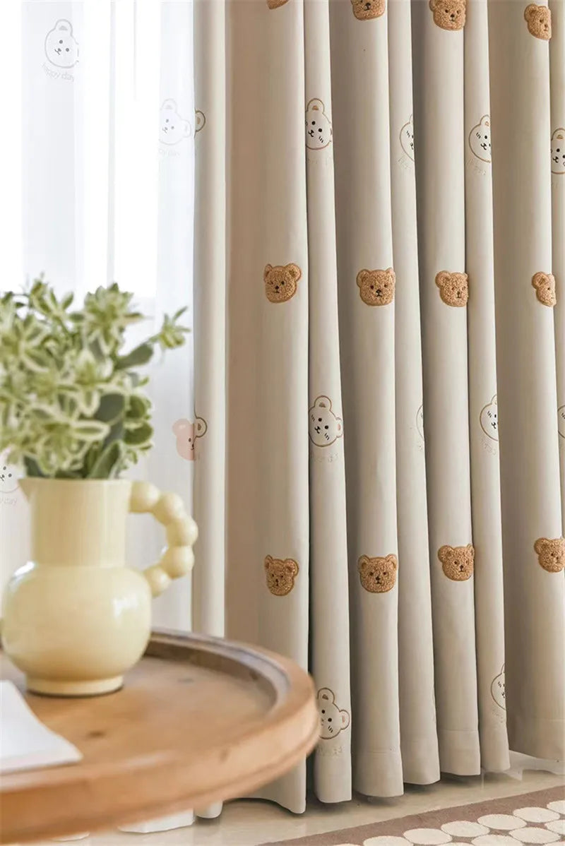 Cute Plush Bear Embroidered Childrens Curtains Japanese