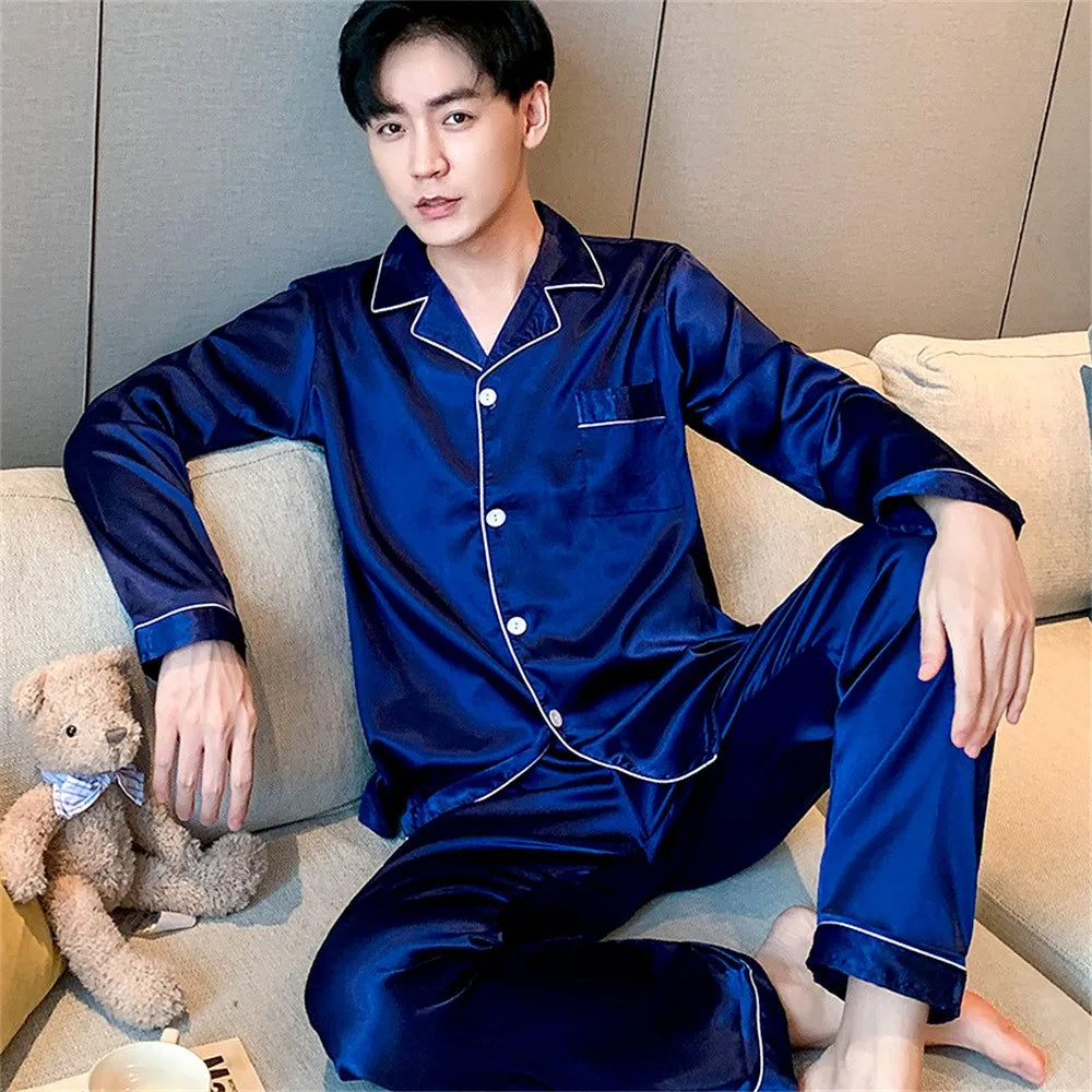 New Men Pajamas Set Silk SatinSleepwear Shirt Long SleevePijama in USA