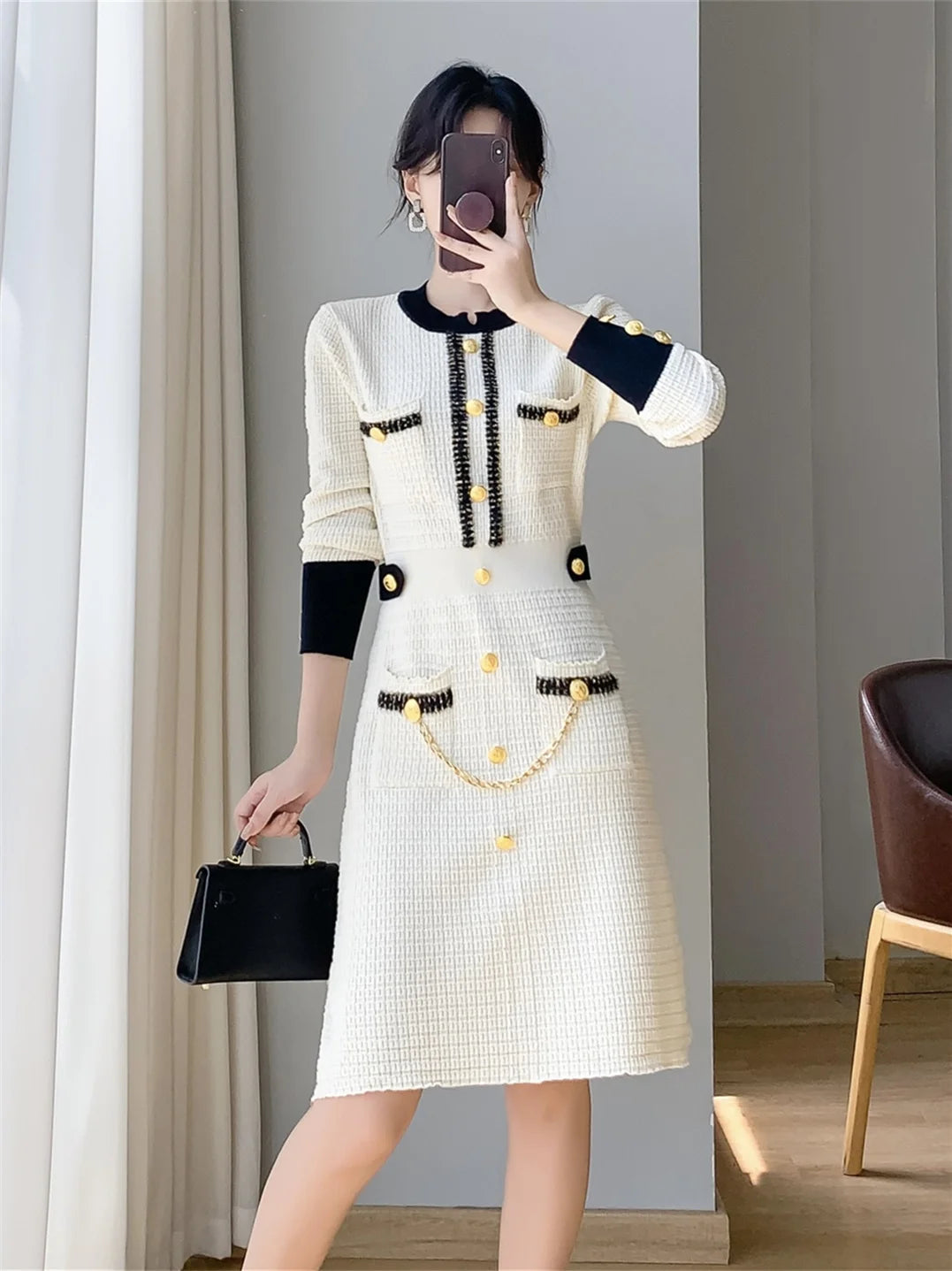 Autumn Small Fragrance Knitted Sweater Evening Dress in USA