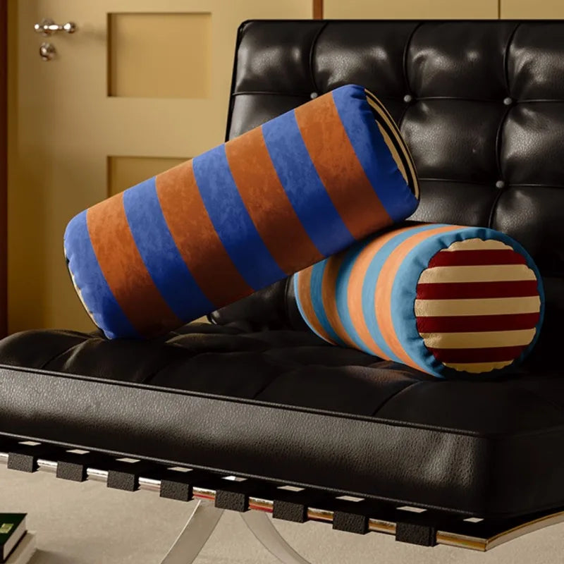 Long Round Pillows Retro Stripe Cushions Colorful Velvet