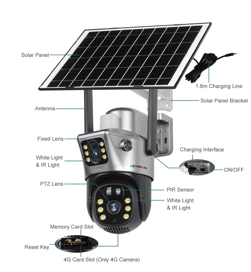 LS VISION Solar Camera 4G Sim Outdoor Dual Lens WiFi