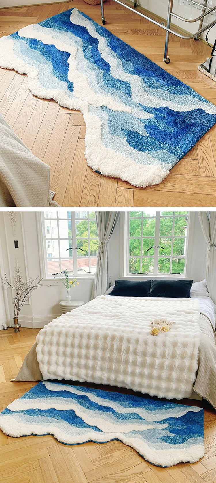 Aesthetic Tufting Ocean Bedroom Rug Soft Fluffy Scenic Wave