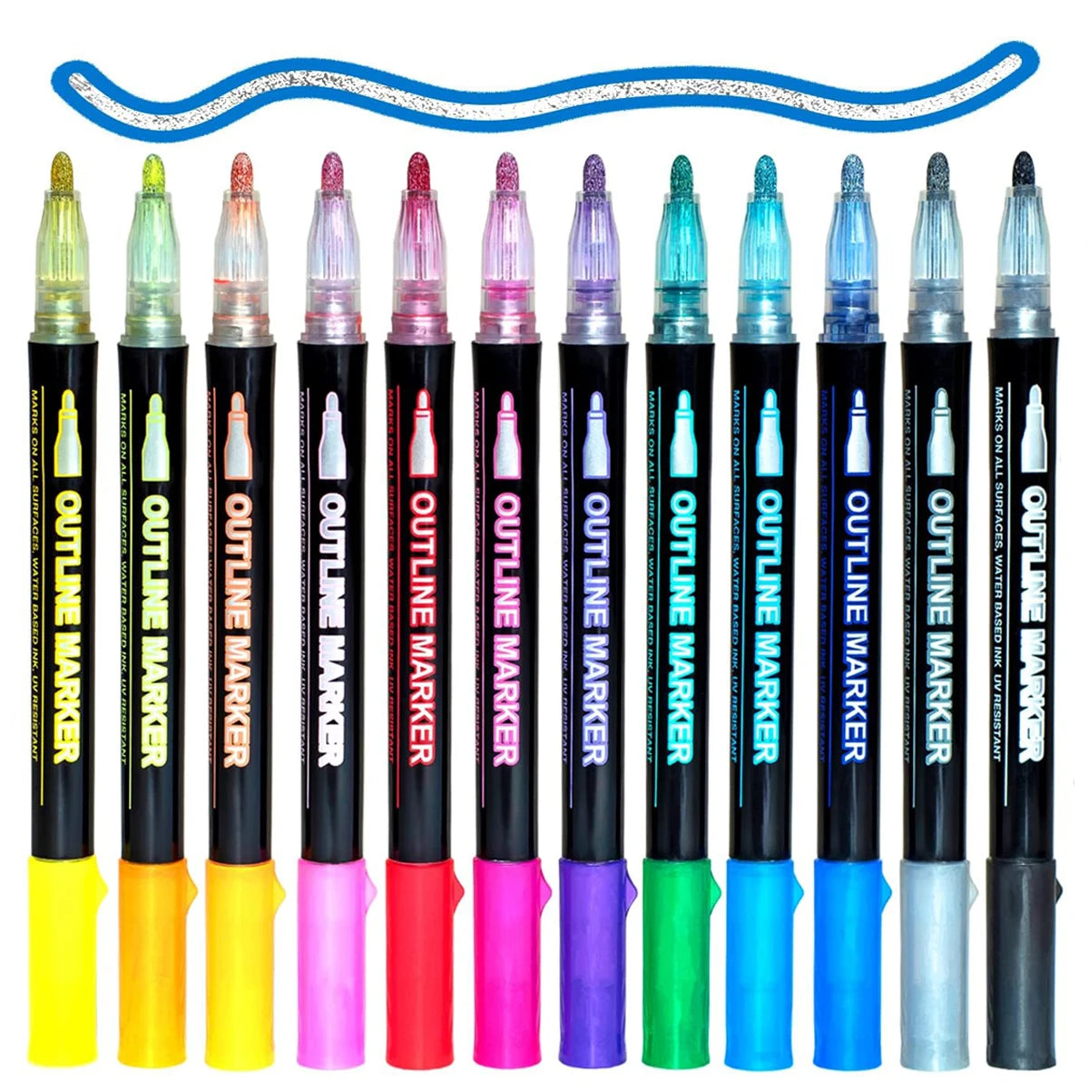 12Colors Metallic Double Line Glitter Pen Doodle Dazzles Shimmer Marke