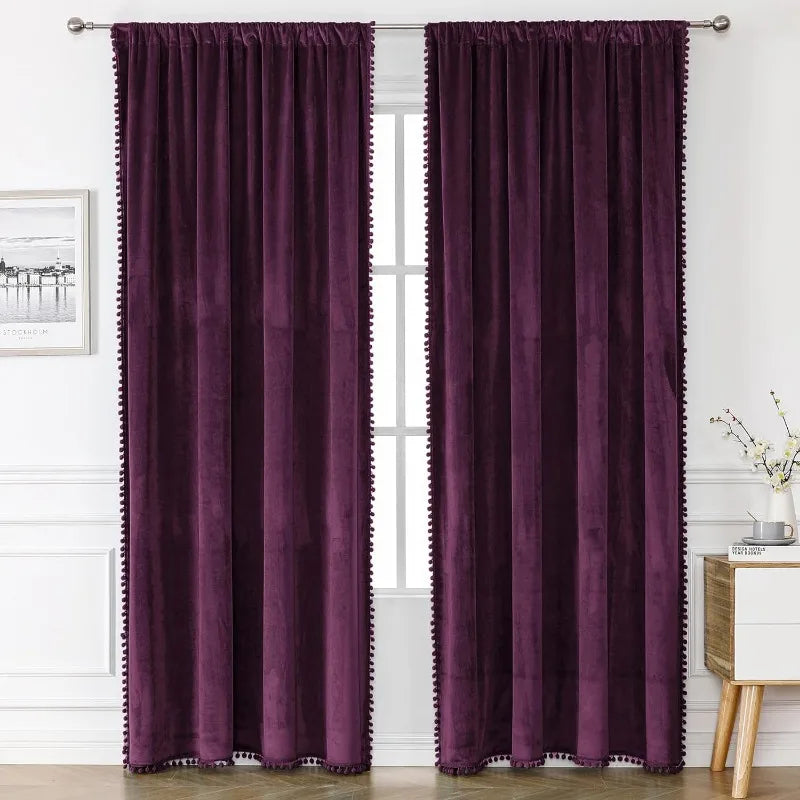 Pom Velvet Curtains for Bedroom, Blackout Curtains in USA