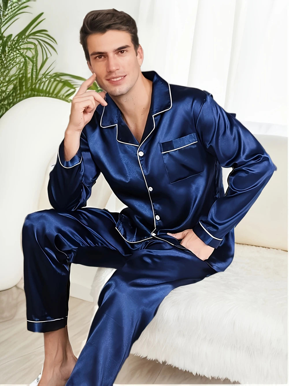 New Men Pajama Sets Sleepwear Man Shirt Silk Long in USA