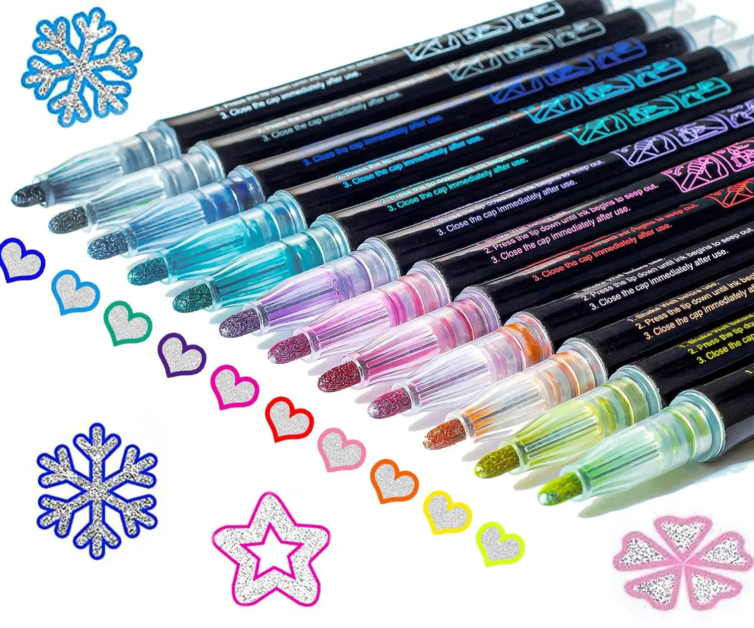 12Colors Metallic Double Line Glitter Pen Doodle Dazzles Shimmer Marke